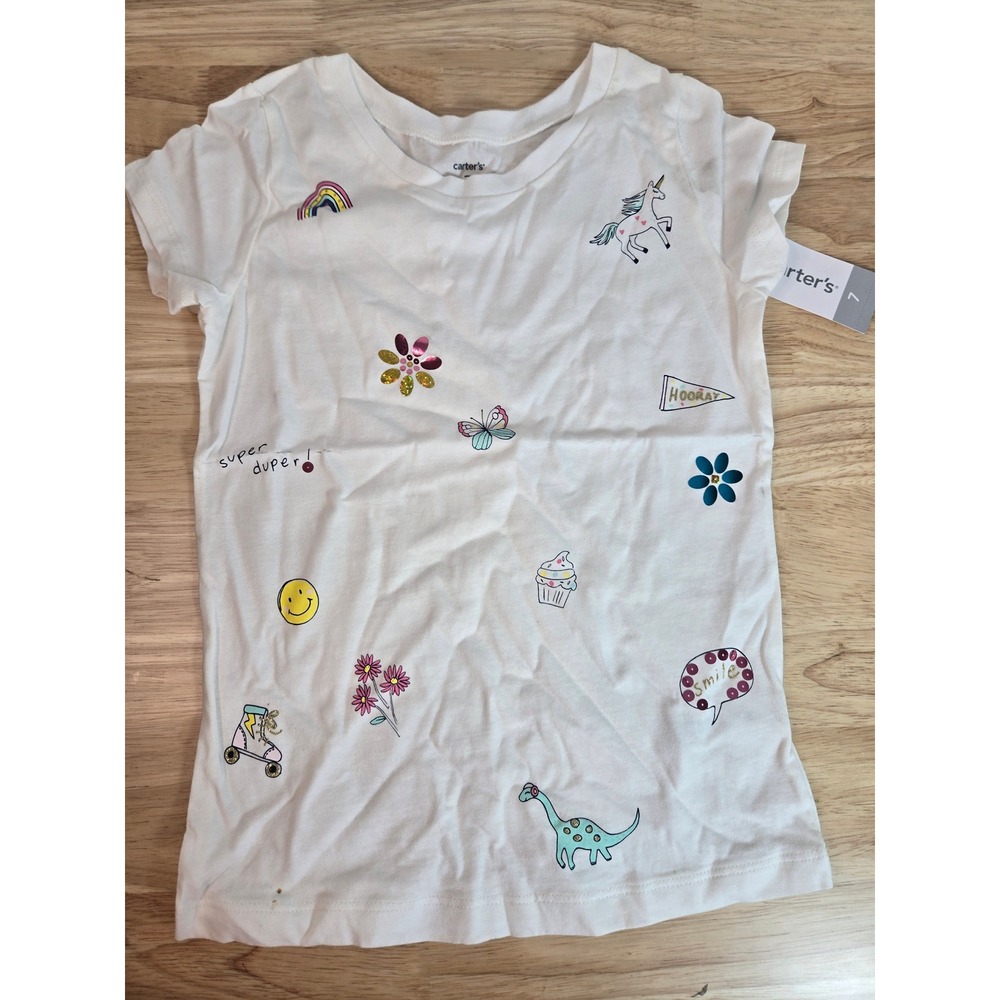 DISCOUNTED!! Carters Girls White Graphic Tee Unicorn Dinosaur Sequin Size 7 NWT